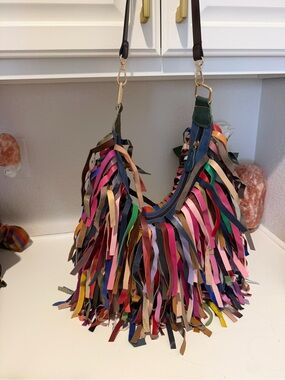 Multicolor Fringe Leather Shoulder Bag - Women